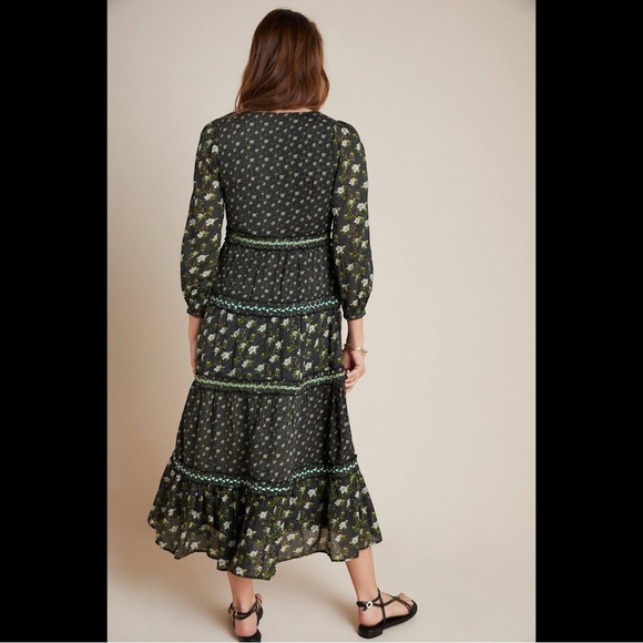 Anthropologie Karoline Tiered Maxi Dress Long Sleeve Ditsy Floral size 14 Boho - Picture 4 of 16